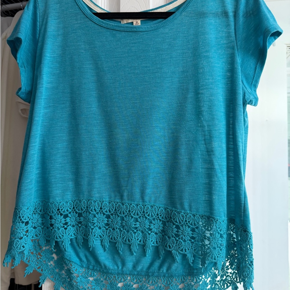 Rewind Turquoise Lace Hem Short Sleeve Top